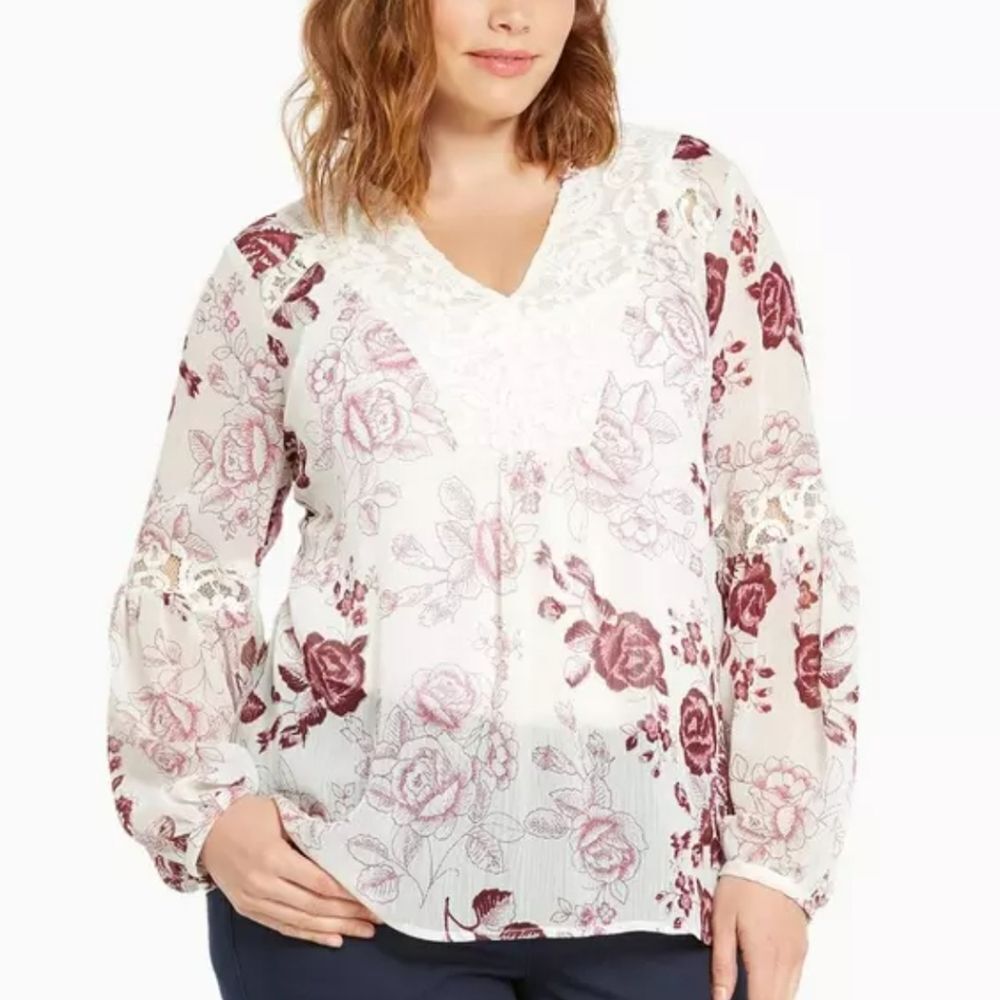 Torrid Floral Print Chiffon Lace Inset Top – White M/L